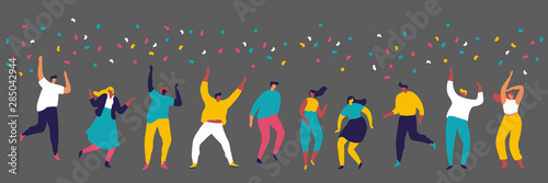 Party, celebration, event horizontal banner. Young People dancing and have fun. Friendship. Student party. Male and female flat characters isolated on dark background. 