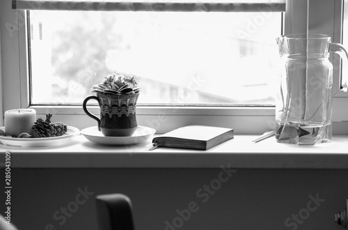 flower violet in a pot, a carafe with a foda and a diary for planning the day on the windowsill.black and white