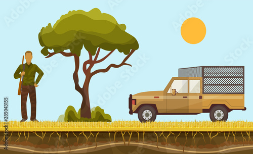 Hunter in safari vector illustration. Hunterman character in Africa with hunting rifle shooting and safari caged car on african layered surface with baobab tree.