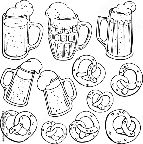 Vector linear set wuth different glass mugs of beer and pretzels. Element for October fest design. Isolated on white