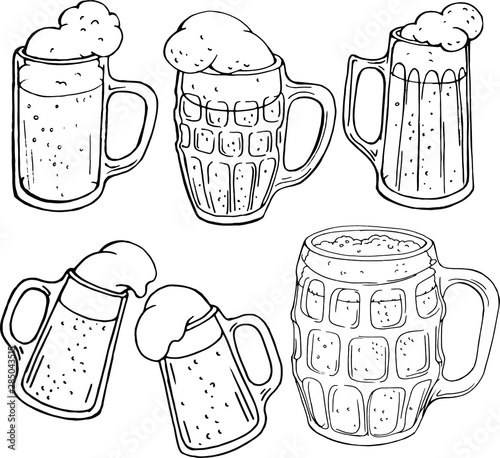 Vector linear set of hand drawn glass mugs of beer. Black an white. Elements for October fest design.
