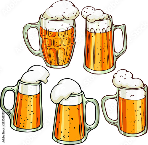 Vector set with glass mugs of beer. Isolated on white elements for october fest design