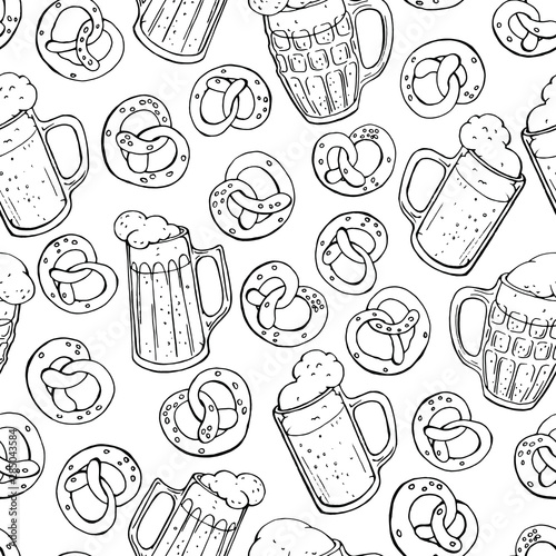 Vector seamless linear pattern with hand drawn glass mugs of beer and pretzels. October fest design. Black and white