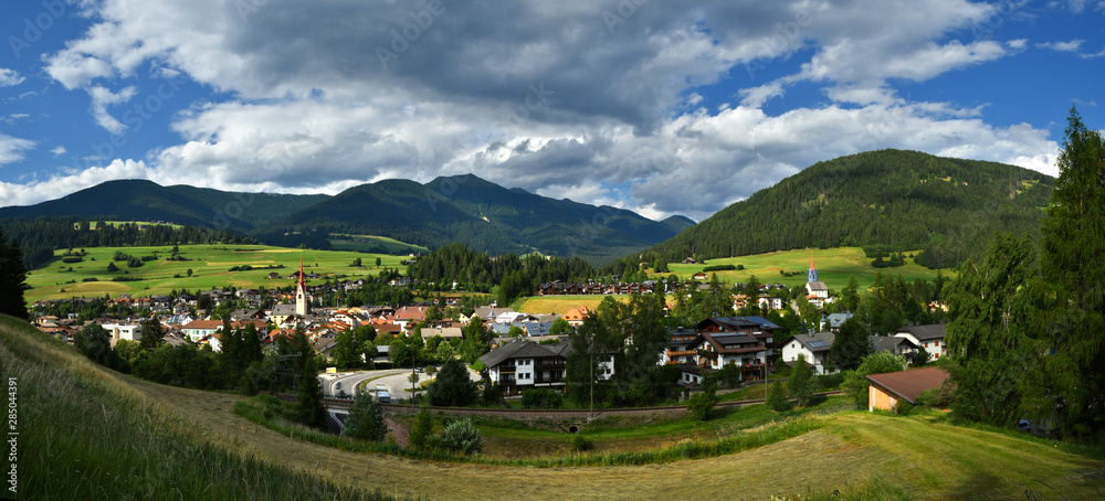 Beautiful panorama view of Monguelfo in Val Pusteria, South Tyrol. Bolzano, Italy.