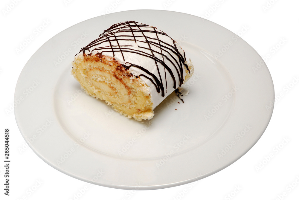 Sponge cake roll isolated on white background, with white chocolate, and vanilla cream on a white isolated background