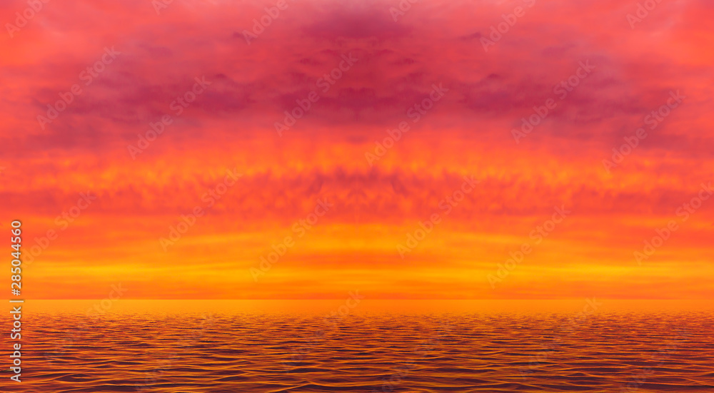 Beautiful sea sunset on dramatic nature background. Sky clouds. Ocean view. Orange, gold. Dawn horizon water landscape.
