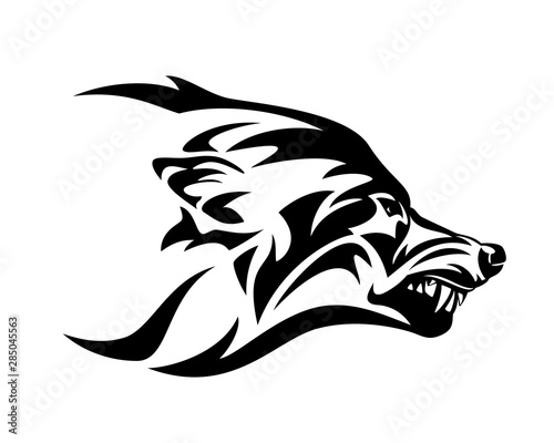 angry snarling wolf profile head - ferocious animal profile black and white vector mascot design