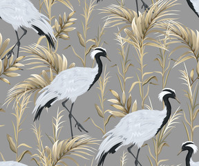 Canvas schilderij Japanse stijl patronen Japanse kraanvogels tussen gouden riet  © Hmarka