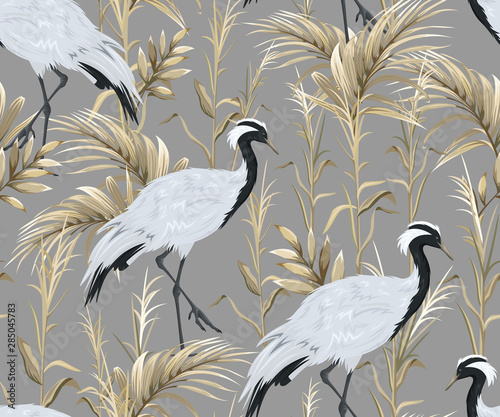 Fotografie, Obraz Seamless pattern with japanese cranes and golden reeds