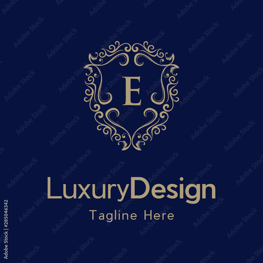 Premium monogram letter E initials ornate signature logotype. E Letter Gold luxury vintage monogram floral decorative logo