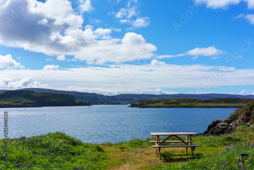 Beautiful view of Loch Dunvegan , a sea loch taken from Dunvegan Castle, Isle of Skye , Scotland