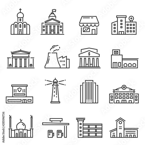 City buildings vector isolated linear icons set