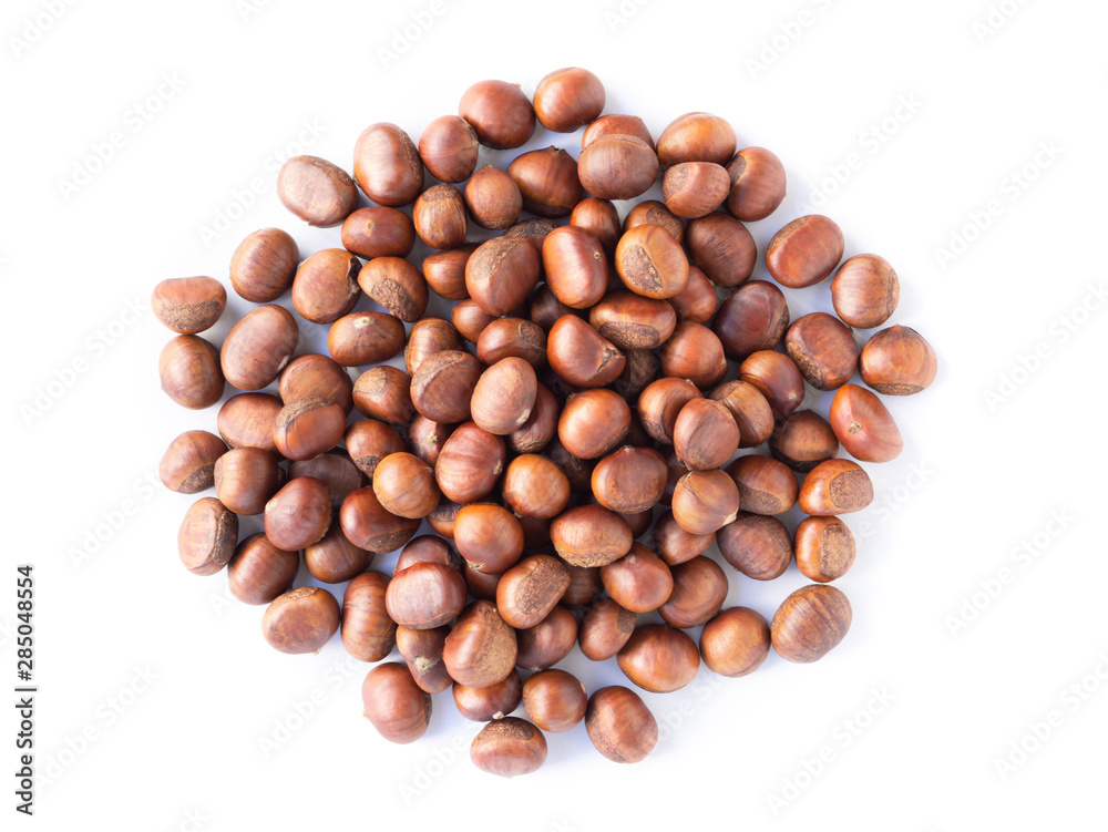 Closeup horse chestnuts isolated on white background, healthy food concept Closeup horse chestnuts isolated on white background, healthy food concept