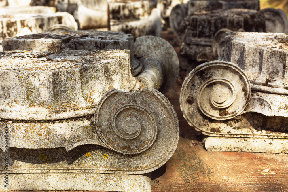 Parts of the destroyed stone columns in the archaeological museum of Epidaurus, Argolida prefecture, Peloponnese, Greece. Parts of the destroyed stone columns in the archaeological museum of Epidaurus, Argolida prefecture, Peloponnese, Greece.