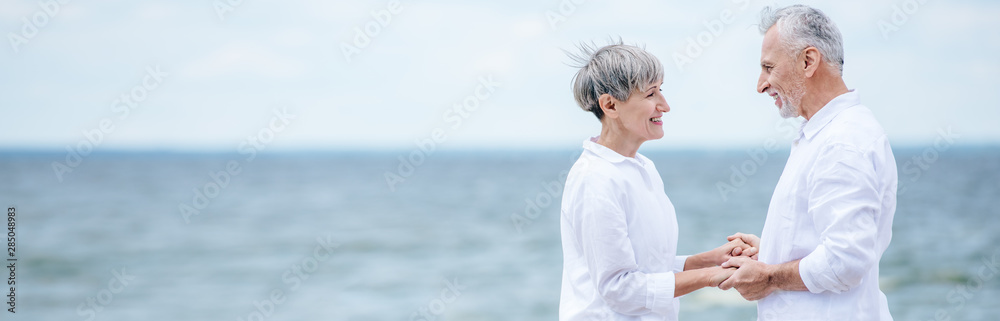Fototapeta premium panoramic view of smiling senior couple holding hands and looking at each other near river under blue sky