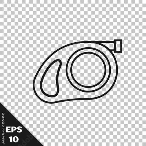 Black line Retractable cord leash with carabiner icon isolated on transparent background. Pet dog lead. Pet supplies. Animal accessory for outdoors walk. Vector Illustration