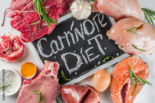 Carnivore diet background. Non vegan protein sources, Different meat food - chicken breast, pork steak, beef tenderloin, eggs, spices for cooking. White marble background copy space