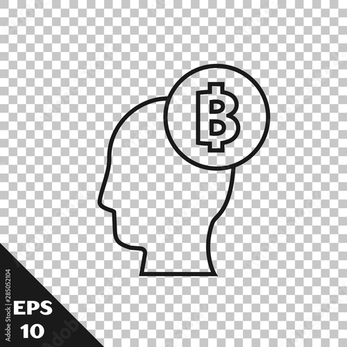 Black line Bitcoin think icon isolated on transparent background. Cryptocurrency head. Blockchain technology, digital money market, cryptocoin wallet. Vector Illustration