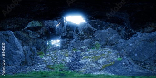 Stampa su tela vr 360 camera inside tropical cave in jungle with palms and sun light