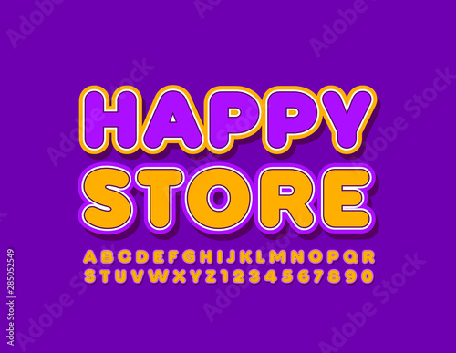 Vector bright logo Happy Store. Violet and Orange Uppercase Font. Creative Alphabet Letters and Numbers