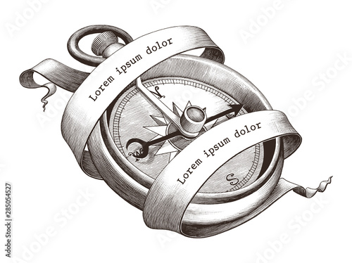 Antique engraving illustration of vintage compass with banner clip art isolated on white background,The symbol of sea