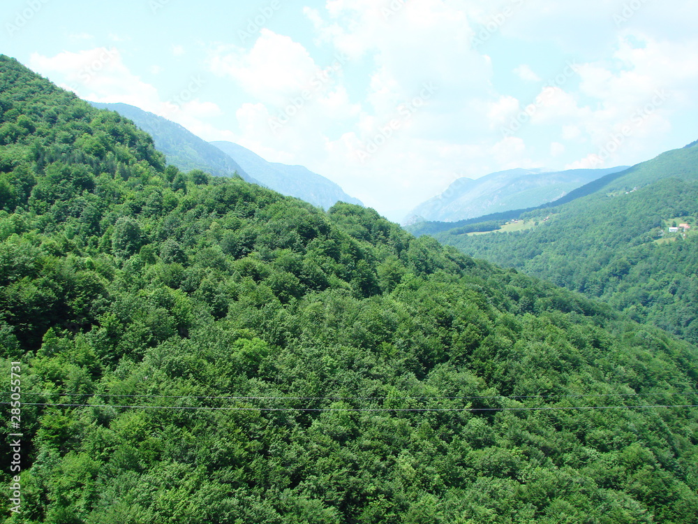 Panorama of sunny blue sky over mountain tops covered with dense green forest.
