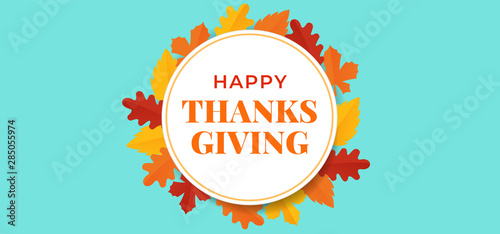 Happy thanksgiving day badge template background with fall dry leaves ornament vector illustration