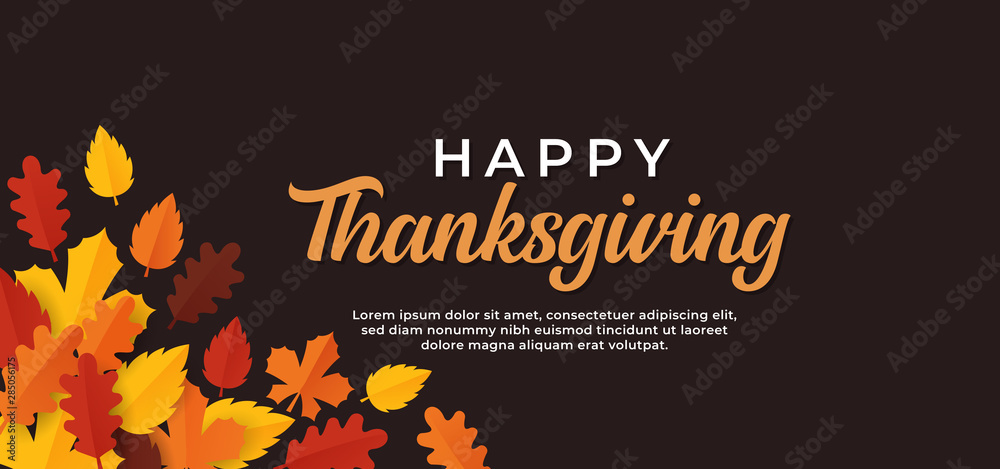 Happy thanksgiving day text minimal background with dry fall leaves vector illustration. - obrazy, fototapety, plakaty 