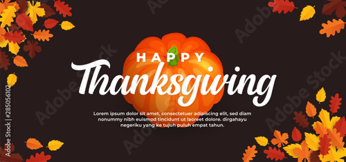 Happy thanksgiving day text on pumpkin fruit background and fall dry leaves vector illustration banner template