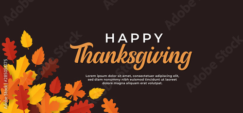 Happy thanksgiving day text minimal background with dry fall leaves vector illustration. photo