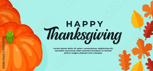 Happy thanksgiving day background. pumpkin illustration with fall dry leaves vector illustration banner template.