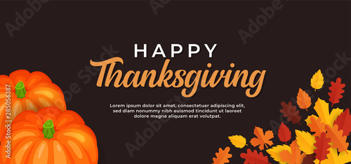 Happy thanksgiving day text background design with pumpkin fruit and dry leaves vector illustration banner template