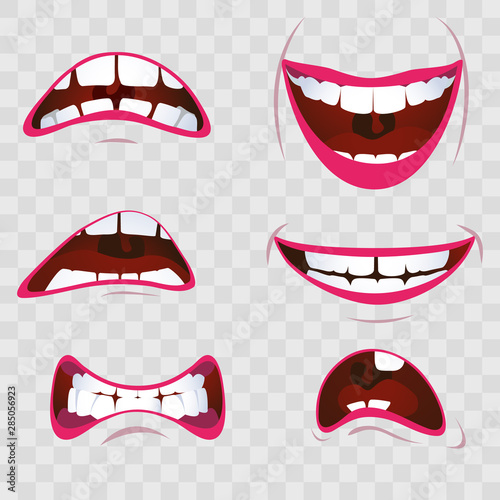 Cartoon mouth with emotions - joy and sadness, resentment and shock, joy and cry, on a transparent