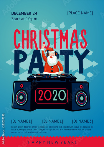 Xmas party poster with santa claus dj. New year event invitation. Vector banner template.