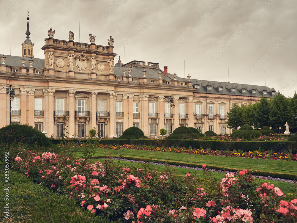 Exterior facade and public gardens of the Palace of La Granja de San Ildefonso in Segovia, Spain