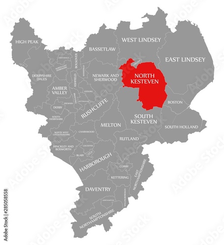 North Kesteven red highlighted in map of East Midlands England UK