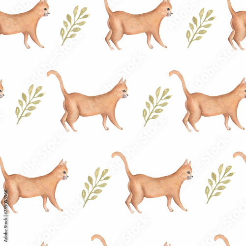 Watercolor farm seamless pattern.Domestic cat animals. Hand drawn background. Village life. © mayillustration