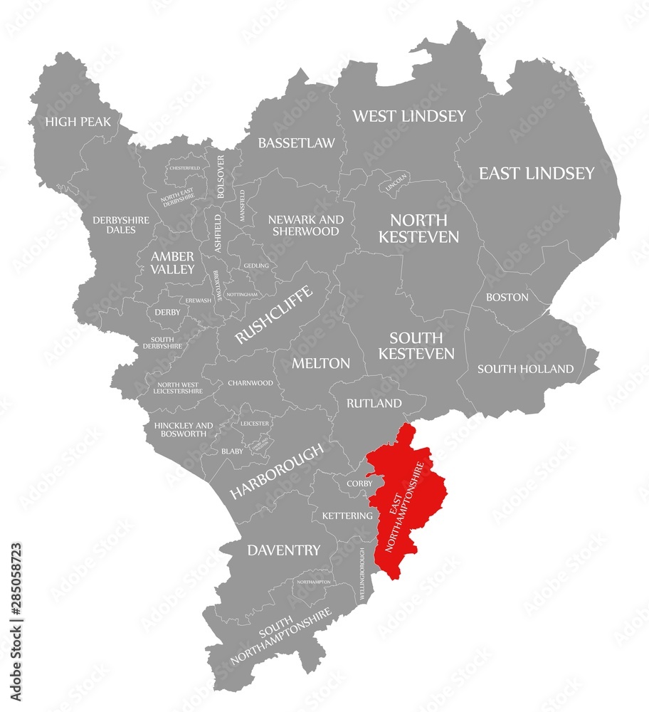 East Northamptonshire red highlighted in map of East Midlands England UK