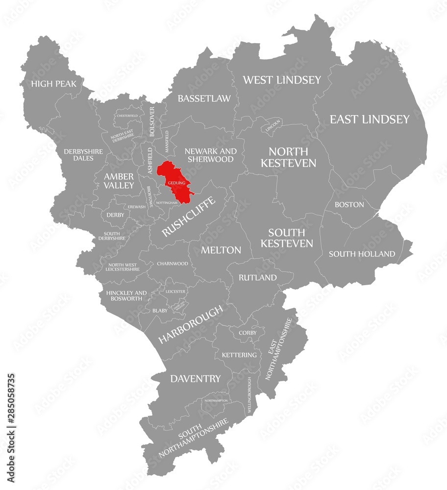 Gedling red highlighted in map of East Midlands England UK