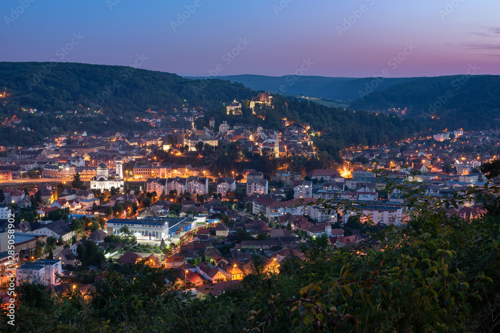 Top panoramic view of Sighisoara town, Transylvania, Romania at night