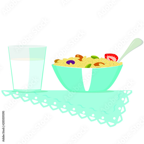 A bowl of muesli and a glass of milk in a flat style isolated vector image. Breakfast plate of muesli and glass of milk on white background
