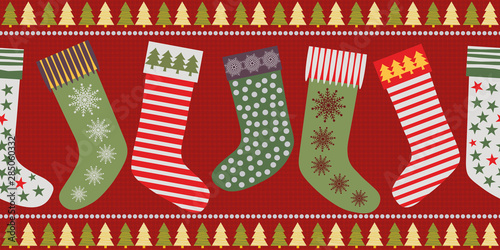 Funky Christmas stocking border design in traditional colors. Seamless vector pattern on textured red background. Great for festive products, giftwrap, scrapbooking, stationery, fabric trim, ribbons