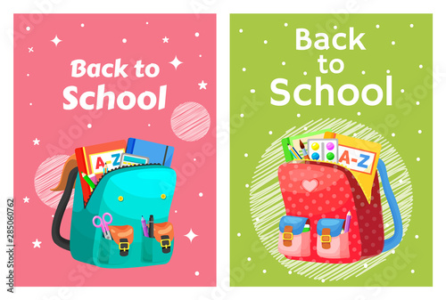 Colored school backpack. Education and study back to school, schoolbag luggage, rucksack vector illustration. Kids school bag with education equipment. Backpacks with study supplies. Student satchels