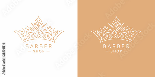 The original linear image of the crown. Illustration in simple flat style. Sign for barber shop.