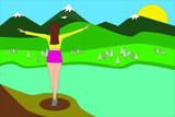Happy young woman hiker with open arms raised on mountain peak 