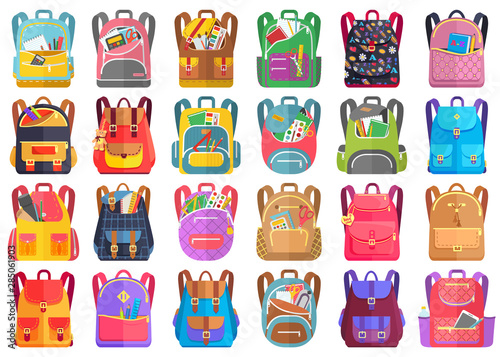 Colored school backpack. Education and study back to school, schoolbag luggage, rucksack vector illustration. Kids school bag with education equipment. Backpacks with study supplies. Student satchels