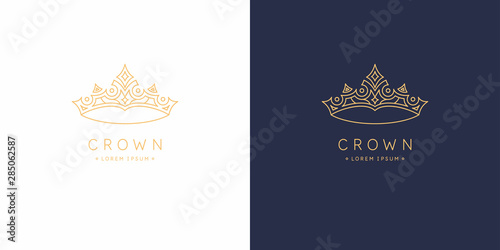 Original linear image of the crown. Isolated vector emblem. Illustration in simple flat style.