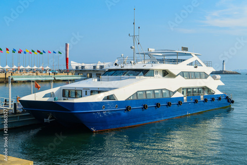 Luxury yacht moored in port, Qingdao, China