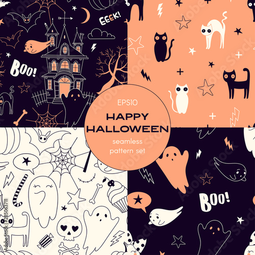 Autumn holiday cartoon vector seamless pattern set. Black cat, flying bats and ghosts near haunted house backgrounds pack. Halloween night decorative textile, wallpaper, wrapping paper design