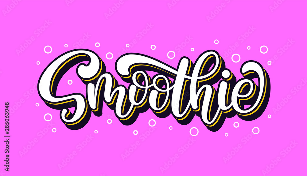 Smoothie hand drawn vector logo. Illustration with brush lettering typography and bubbles isolated on background. Healthy detox food logotype concept in 3d style for packaging, menu, banner, emblem Smoothie hand drawn vector logo. Illustration with brush lettering typography and bubbles isolated on background. Healthy detox food logotype concept in 3d style for packaging, menu, banner, emblem